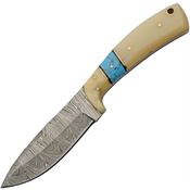 Damascus 1359 Turquoise Damascus Hunter Fixed Blade Knife White Bone Handles