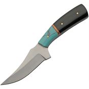 Pakistan 203488 Trailing Point Skinner Satin Fixed Blade Knife Black/Turquoise Handles