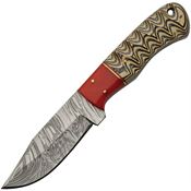 Damascus 1382 Red Haze Kiri Hunter Damascus Fixed Blade Knife Brown Handles