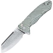 Kubey 336A Creon Damascus Button Lock Knife White/Grn Handles