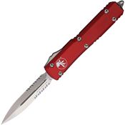 Microtech 12211RD Auto Ultratech Stonewashed Part Serrated Double Edge OTF Knife Red Handles