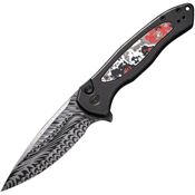 WE 19002NDS1 Kitefin Damasteel Button Lock Knife Black Handles