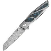 Kansept 1092A3 Cru Damascus Framelock Knife Gray/Atric Storm Carbon Fiber Handles