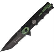USMC A3004GN Assist Open Black Part Serrated Tanto Linerlock Knife Green/Black Nylon Handles