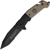 USMC A3003TN Assist Open Black Part Serrated Tanto Linerlock Knife Tan/Black G10 Handles