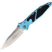 Microtech 16011TQ Socom Elite Stonewash Part Serrated Single Edge Linerlock Knife Turquoise Aluminum/Black Traction Handles