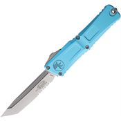 Microtech 114411TQ Auto Combat Troodon Gen III Stonewash Part Serrated Tanto OTF Knife Turquoise Aluminum Handles