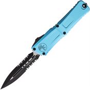 Microtech 11422TQ Auto Combat Troodon Gen III Two-Tone Part Serrated Double Edge Dagger OTF Knife Turquoise Aluminum Handles
