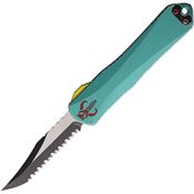 Heretic 026B14CBOUNTY Auto Manticore Two-Tone Serrated MagnaCut Bowie OTF Knife Bounty Hunt Teal Battleworn/Carbon Fiber Handles