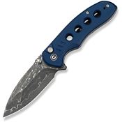 Civivi 23085BDS1 Triptych Damascus Drop Point Button Lock Knife Blue Micarta Handles