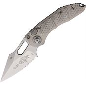 Microtech 16911NC Auto Stitch Stonewash Part Serrated Wharncliffe Button Lock Knife Gray Aluminum Handles