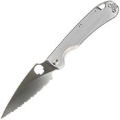 Daggerr F22FSSSN Zhalo Satin Serrated D2 Carbon Steel Spear Point Framelock Knife Brushed Stainless Handles