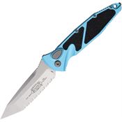 Microtech 161A12TQ Auto Socom Elite Stonewash Serrated Tanto Button Lock Knife Turquoise/Black Traction Handles