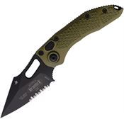 Microtech 1692OD Auto Stitch Black Part Serrated Wharncliffe Button Lock Knife OD Green Alum Handles