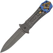 China Made 300604 Masonic Secrets Black Stonewash Linerlock Knife Blue/Gray Handles