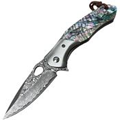 ElitEdge 10B009AB Large Damascus Drop Point Linerlock Knife Abalone Handles