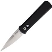 Pro Tech 721MOP Auto Godson Satin CPM-20CV Spear Point Button Lock Knife Black Anodized Aluminum Handles