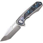 Remette ASTP1 Saker Falcon Button Satin S45VN Tanto Framelock Knife Gray/Artic Carbon Fiber Handles