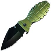 ElitEdge 10A133GN Black Partial Serrated Linerlock Knife A/O Green Grenade Aluminum Handles