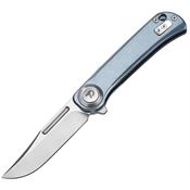 Dreamtech 4055AG Satin D2 Clip Point Button Lock Knife Blue Alumium Handles