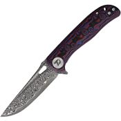 Dreamtech 3898MRD Damascus Drop Point Linerlock Knife Blue/Red Micarta Handles