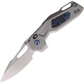 Ketuo M071 Satin Bohler Mini Griffin Button Lock Knife Grey Titanium Handles Blue Marble Carbon Fiber Inlay