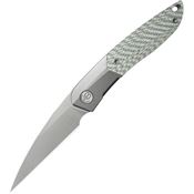 Kubey 406A Spike Bead Blast Bohler Wharncliffe Framelock Knife Grey Titanium Grey Twill Carbon Fiber