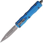 Microtech 22512APBL Auto Dirac Apocalyptic Serrated Dagger Blue Aluminum Handle