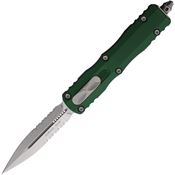 Microtech 22511EG Auto Dirac Stonewash Part Serrated Dagger Emerald Green Aluminum Handle