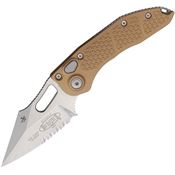Microtech 16911BN Auto Stitch Button Lock Stonewash Part Serrated Wharncliffe Brown Aluminum Handle