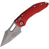 Microtech 16911APRD Auto Stitch Button Lock Apocalyptic Part Serrated Wharncliffe Red Aluminum Handle