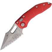 Microtech 16912APRD Auto Stitch Button Lock Apocalyptic Serrated Wharncliffe Red Aluminum Handle