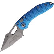 Microtech 16911APBL Auto Stitch Button Lock Apocalyptic Part Serrated Wharncliffe Blue Aluminum Handle