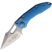 Microtech 16910BL Auto Stitch Button Lock Stonewash Wharncliffe Blue Aluminum Handle