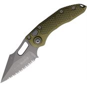 Microtech 16912APOD Auto Stitch Button Lock Apocalyptic Serrated Wharncliffe OD Green Aluminum Handle