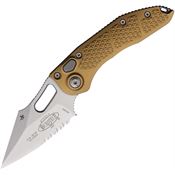 Microtech 16911TA Auto Stitch Button Lock Stonewash Part Serrated Wharncliffe Tan Aluminum Handle