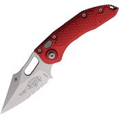 Microtech 16911RD Auto Stitch Button Lock Stonewash Part Serrated Wharncliffe Red Aluminum Handle