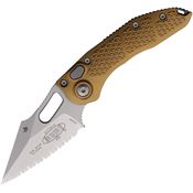 Microtech 16912TA Auto Stitch Button Lock Stonewash Serrated Wharncliffe Tan Aluminum Handle