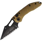 Microtech 1693TA Auto Stitch Button Lock Black Serrated Wharncliffe Tan Aluminum Handle