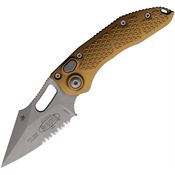 Microtech 16911APTA Auto Stitch Button Lock Apocalyptic Part Serrated Wharncliffe Tan Aluminum Handle