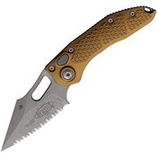 Microtech 16912APTA Auto Stitch Button Lock Apocalyptic Serrated Wharncliffe Tan Aluminum Handle
