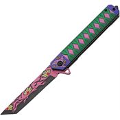 Rite Edge 300614KK Kokushibo Assisted Open Tanto Linerlock Knife Pink and Green Aluminum Handle