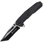 USMC A3007BK Assist Open Two-Tone Part Serrated Tanto Linerlock Knife Black Black Nylon Handle