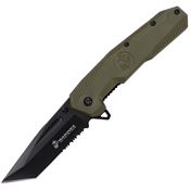 USMC A3007GN Assist Open Black Oxide Part Serrated Tanto Linerlock Knife Green Nylon Handle
