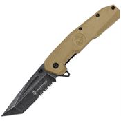 USMC A3007TN Assist Open Black Stonewash Part Serrated Tanto Linerlock Knife Tan Nylon Handle