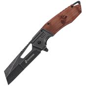 USMC A3008BN Assist Open Black Stonewash Wharncliffe Linerlock Knife Brown Wood Handle