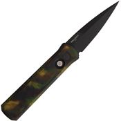 Pro Tech 721LHWOODLAN Auto Godson Black DLC Button Lock Knife Left Hand Green Camo Aluminum Handle